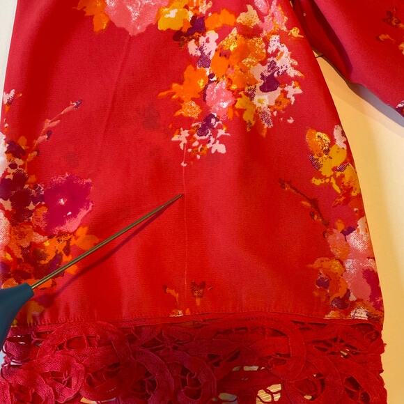 Roaman’s Blouse Top Pintucks Crochet Lace Button Detail Sz 14W Bell Sleeves Red - Picture 11 of 11